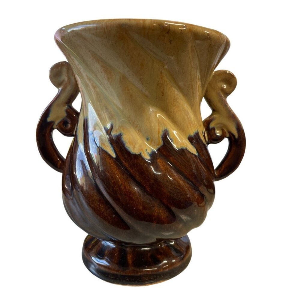 Vintage Brown &‎ Tan Ceramic Vase With Swirled Handles & Drip Glaze Finish